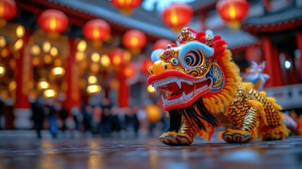 Fototapeta premium Chinese Traditional Lion Dance Costume Performing at Temple for Lunar New Year Celebration in China
