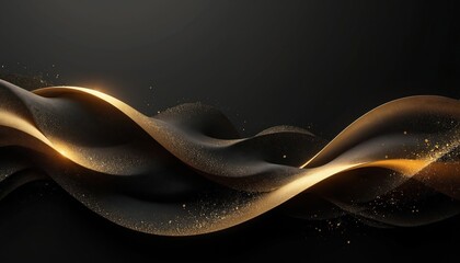 Sophisticated black background with elegant gold wave textures. Smooth curves, shiny bright decoration for advertising gala event invitations. Futuristic luxury card pattern. Digital graphic