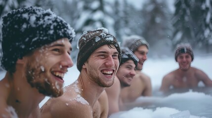 A group of friends enjoying a traditional Nordic sauna, followed by a refreshing dip in an icy lake -