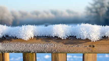 Fototapeta premium Frosty Wooden Fence Rail with Icy Crystals Under Clear Blue Sky