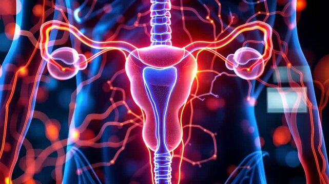 Female Reproductive System Anatomy 3D Model Image Rendered With Glowing Effect On Dark Background