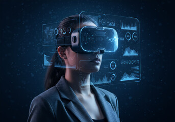 VR Businesswoman: Virtual Reality, Digital Interface, Data Analysis, Future Technology