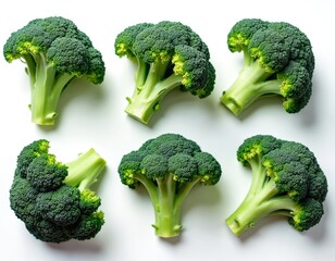 Six fresh broccoli pieces on white. Raw green uncooked cabbage vegetables on clear backdrop. Healthy vegetarian diet, organic agriculture harvest. Dieting snack concept, ingredient for tasty salad.
