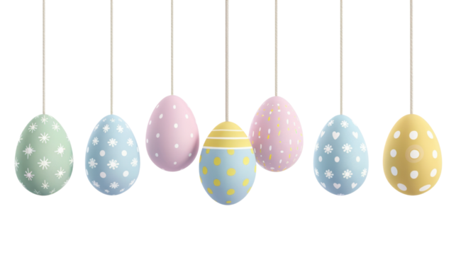 Hanging easter eggs with pastel colors and transparent background