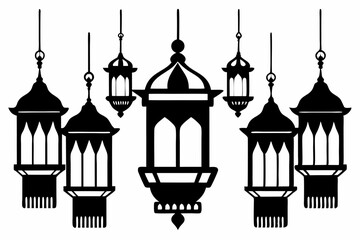 islamic eid lanterns line art silhouette vector illustration
