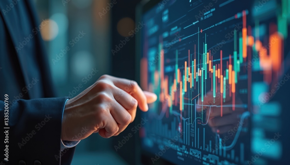 Poster close up of investor pointing at stock market graph chart on monitor screen. financial analysis, inv