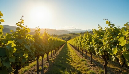 Fototapeta premium Peaceful Vineyard Landscape Under Bright Blue Sky at Sunset