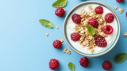 Fresh yogurt bowl with berries, creamy yogurt topped with raspberries and granola, vibrant blue background, healthy snack.