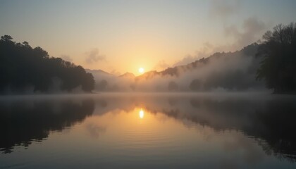 Obraz premium Serene Sunrise Over Misty Lake with Mountains and Reflective Water