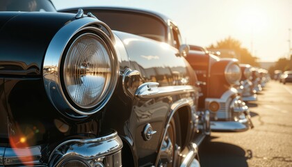 Fototapeta premium Vintage Classic Cars in a Row at Sunset Gathering Event