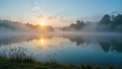 Fototapeta premium Misty Morning Sunrise Over Calm Lake with Reflection and Fog
