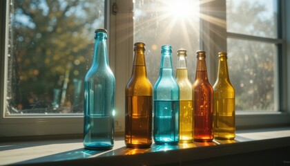Colorful Glass Bottles in Sunlight by Window with Natural Background
