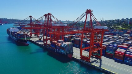 Fototapeta premium Large container ships being loaded by red cranes at a port