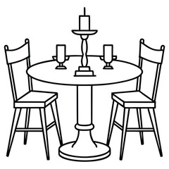 Elegant Dinner Setup Illustration: A refined sketch of a dining scene, featuring a round table, two chairs, and a central candle holder with glasses, all rendered in a clean and minimalist style.