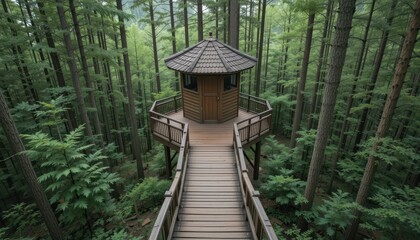 Fototapeta premium Serene Treehouse Retreat in Lush Green Forest Environment