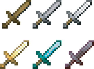 Set of pixelated rgb swords icons, pixel art, game