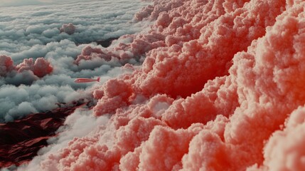 Surreal Aerial View of Pink Clouds with a Plane