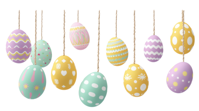 Hanging easter eggs with pastel colors and different decorations on transparent background