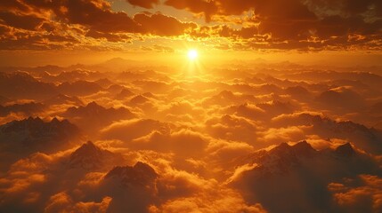 Golden sunset over a sea of clouds and mountains