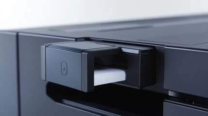Close-up of a Modern Printer Drawer with Paper Loaded, Ideal for Office Technology and Equipment Stock Photo
