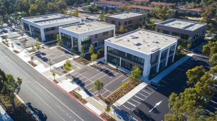 Fototapeta premium Modern office buildings with parking lots and surrounding green trees
