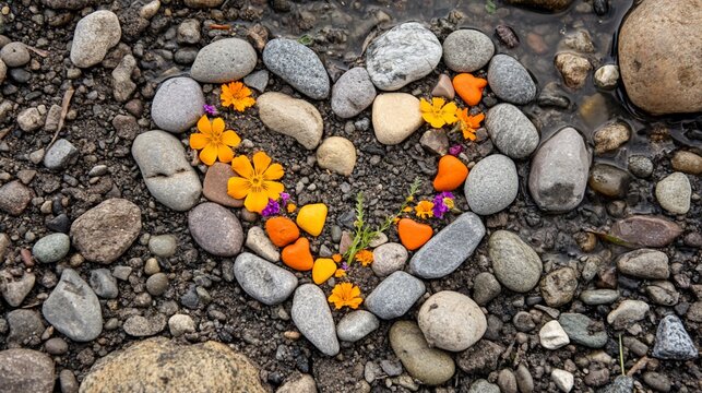 Heart-shaped stone arrangement with flowers, riverside