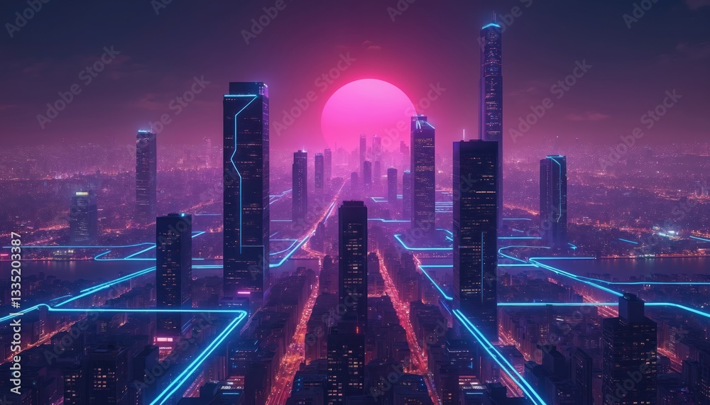 Aufkleber neon-lit cityscape tech interconnectedness. futuristic metropolis with network of blue glowing lines