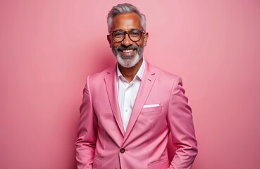 Obraz premium Confident mature man with gray beard smiles wearing pink suit and eyeglasses against pink background. Stylish cheerful middle-aged male model poses in formal wear. Fashionable happy person portrait.