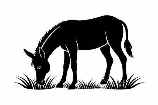 black donkey eating grass clip art preview