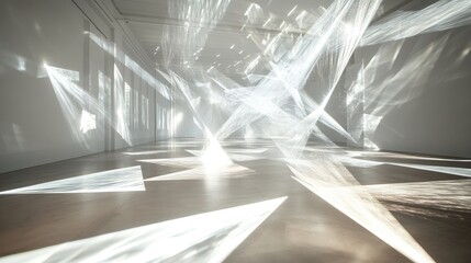 Dramatic Light Rays Projected in Empty Gallery Space Creating Artful Patterns on Floor and Walls