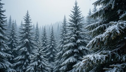 Obraz premium Snow-Covered Coniferous Trees in Winter Landscape with Mist