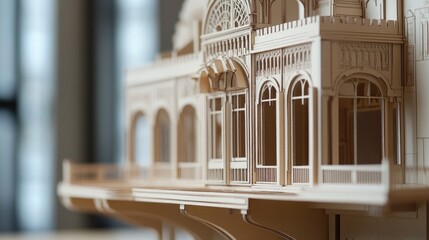 Intricate Architectural Model with Detailed Facades and Windows Set Against a Softly Lit Background