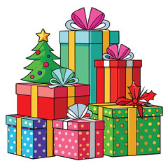 Gift Pile: An array of colorful gifts, each intricately wrapped and adorned with bows and ribbons, suggesting joyous holiday celebration. Including a decorated Christmas tree.