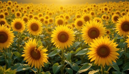 Obraz premium Vibrant Sunflower Field Under Soft Golden Sunset Glow