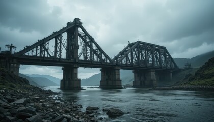 Naklejka premium Old Iron Bridge Over River with Dramatic Cloudy Sky