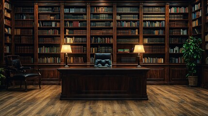 Grand study with rich wood furnishings, floor-to-ceiling bookshelves, and a large desk