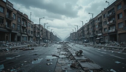 Fototapeta premium Abandoned Cityscape After Catastrophe with Debris and Clouds