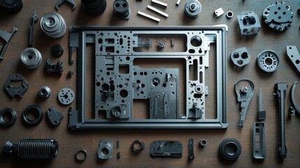 Detailed Arrangement of Industrial Mechanical Parts and Components on a Rustic Wooden Surface