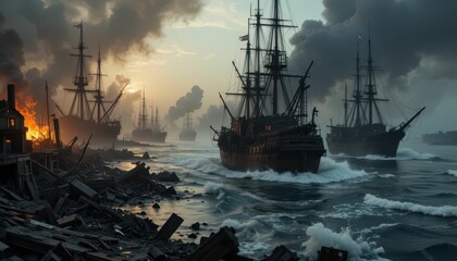 Obraz premium Dramatic Scene of Historic Ships Navigating Stormy Waters at Dawn