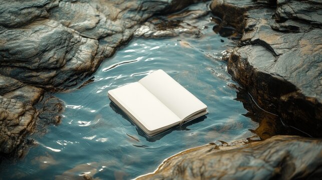 Open book floating in a rocky pool of water