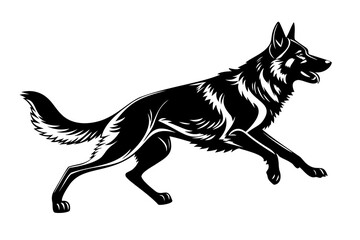 Black and white stylized image of an elegant German Shepherd running