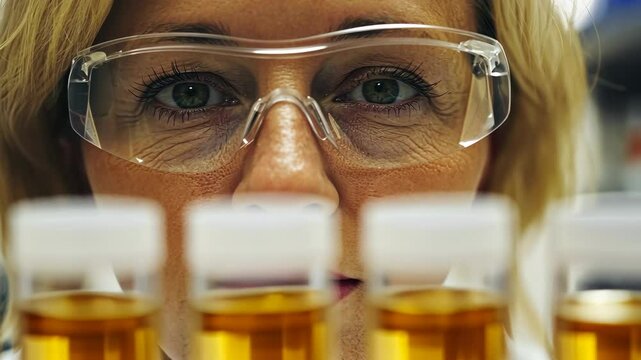 Scientist examines test tubes filled with amber liquid in modern laboratory setting during bright daylight hours - Powered by Adobe