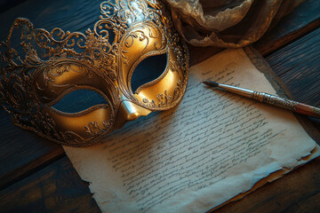Golden venetian mask resting on antique letter with quill pen on wooden table