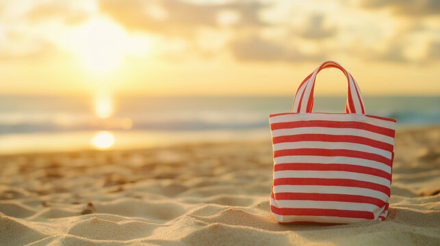 Beach bag resting on the sand with ocean and sunset in the background, evoking vacation savings and travel finance concepts
