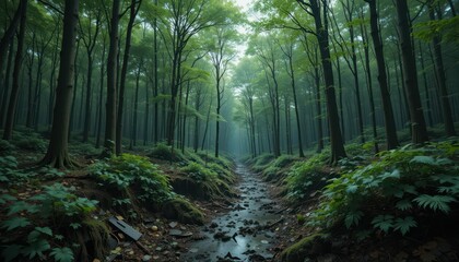 Obraz premium Serene Forest Landscape with Misty Atmosphere and Green Foliage