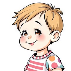 Happy child with short blonde hair and colorful shirt smiling brightly