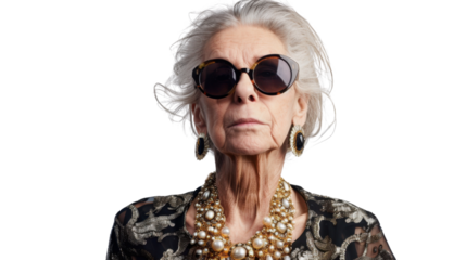 Senior influencer wearing sunglasses and jewelry posing on transparent background
