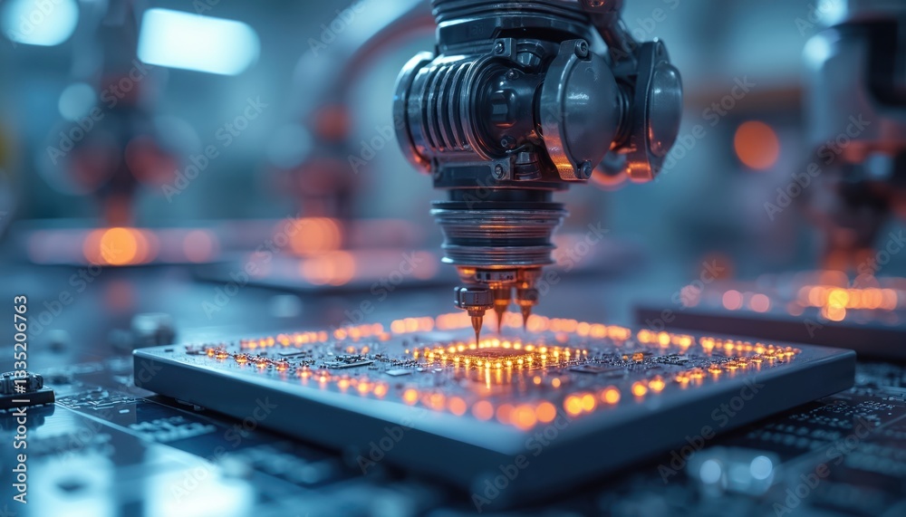 Fototapete robots remove chips from silicon wafer, place on base in factory. computer chip construction process