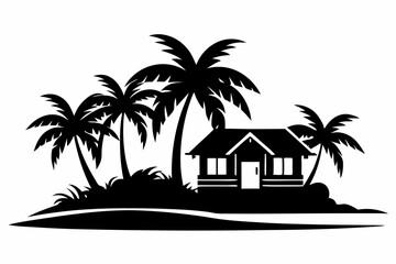 Obraz premium tropical island and beach house line art silhouette vector illustration
