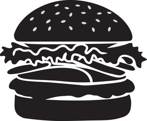 A Minimalist Black Vector of an American Burger on a Clean White Background, hamburger on black vector
